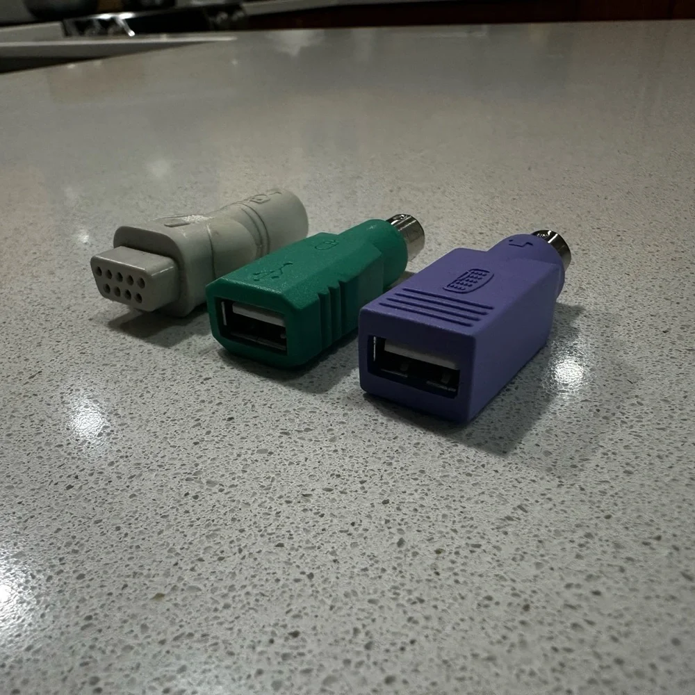 Set of Three Computer Adapters - Gray, Green, Purple. PS/2 keyboard to USB.